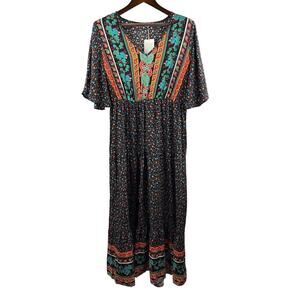 Women’s Kirundo Large Black w/ Multicolor Florals & Paisley Patterns Maxi Dress